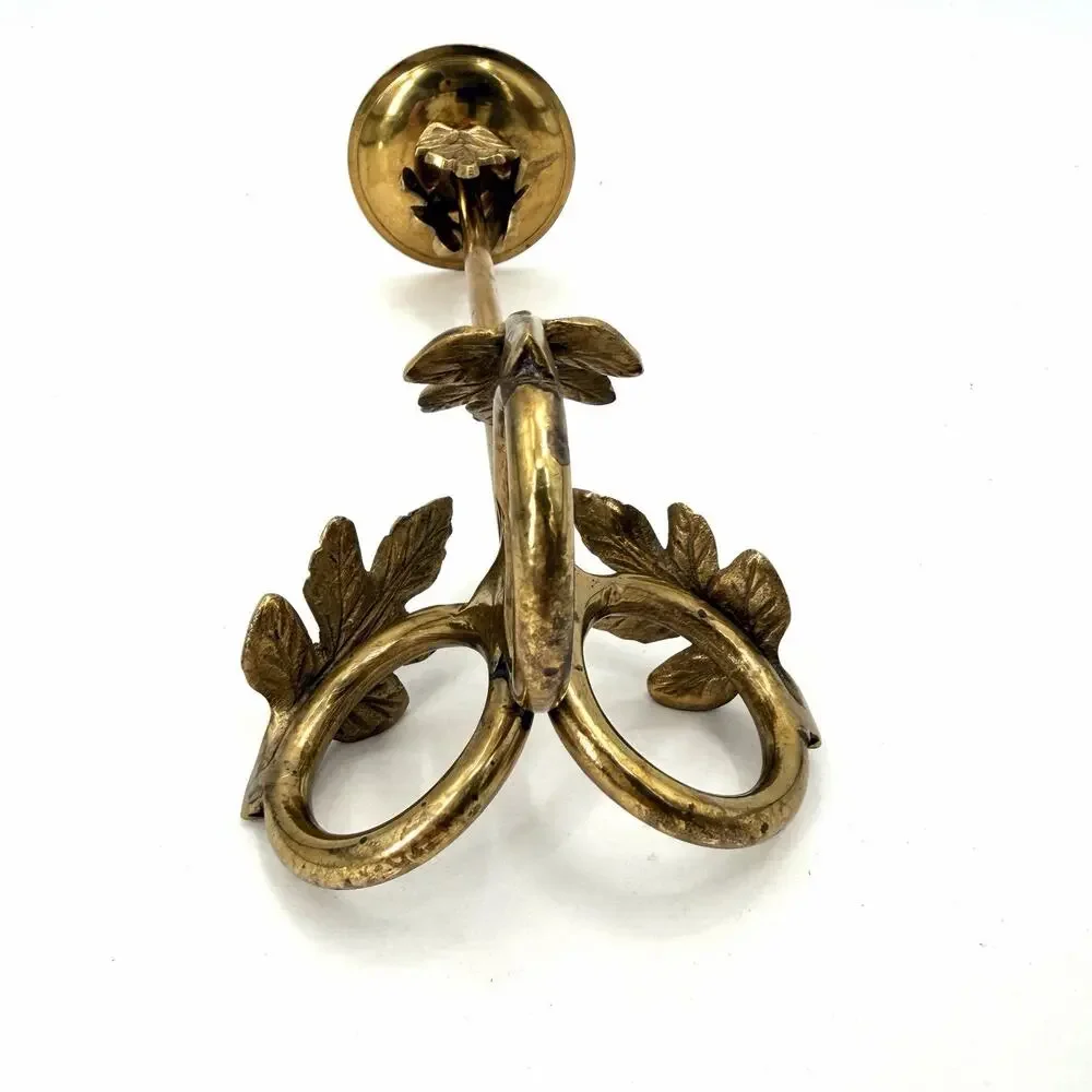 Vintage Tall Brass Pillar Candle Holder Leaf Design with Character